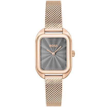 BOSS Damenarmbanduhr mit Mesh-Armband, roségoldfarbenem Gehäuse und grauem Zifferblatt