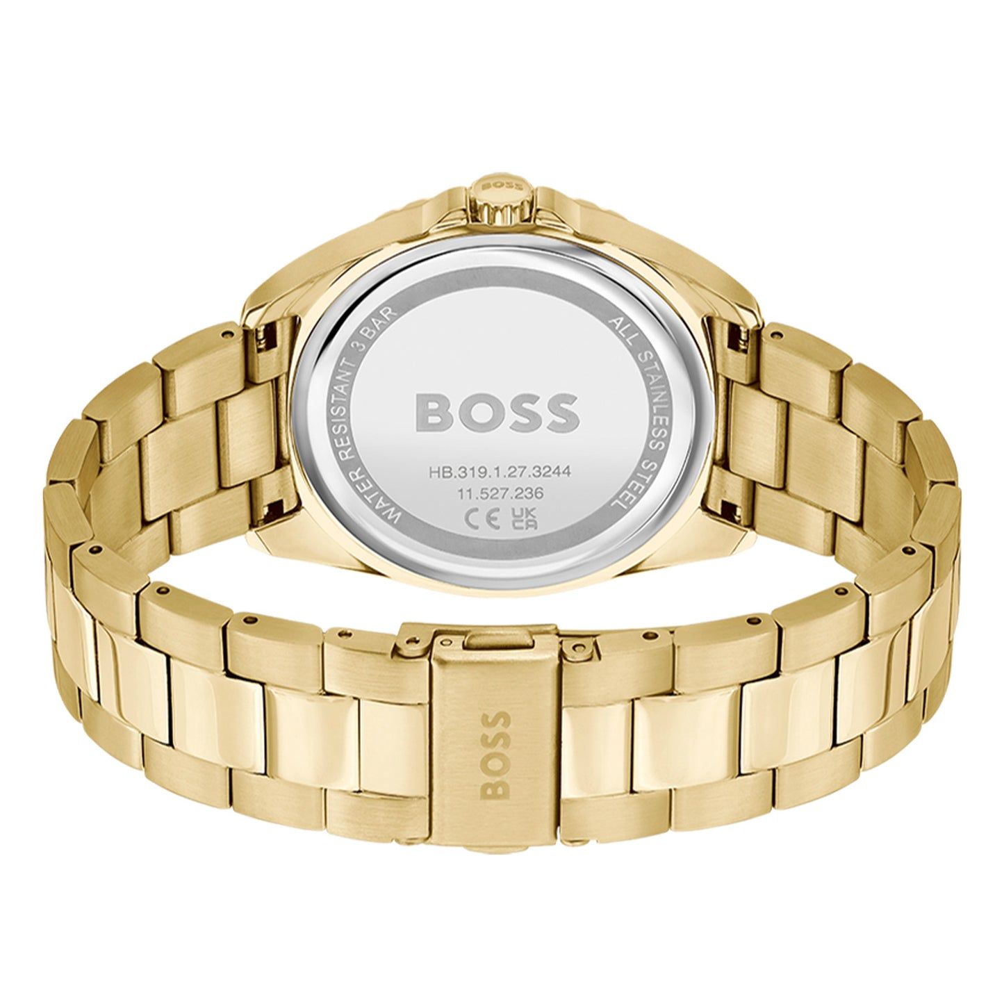 BOSS Damenarmbanduhr mit goldfarbenem Metallband und Gehäuseboden, silberner Rückseite