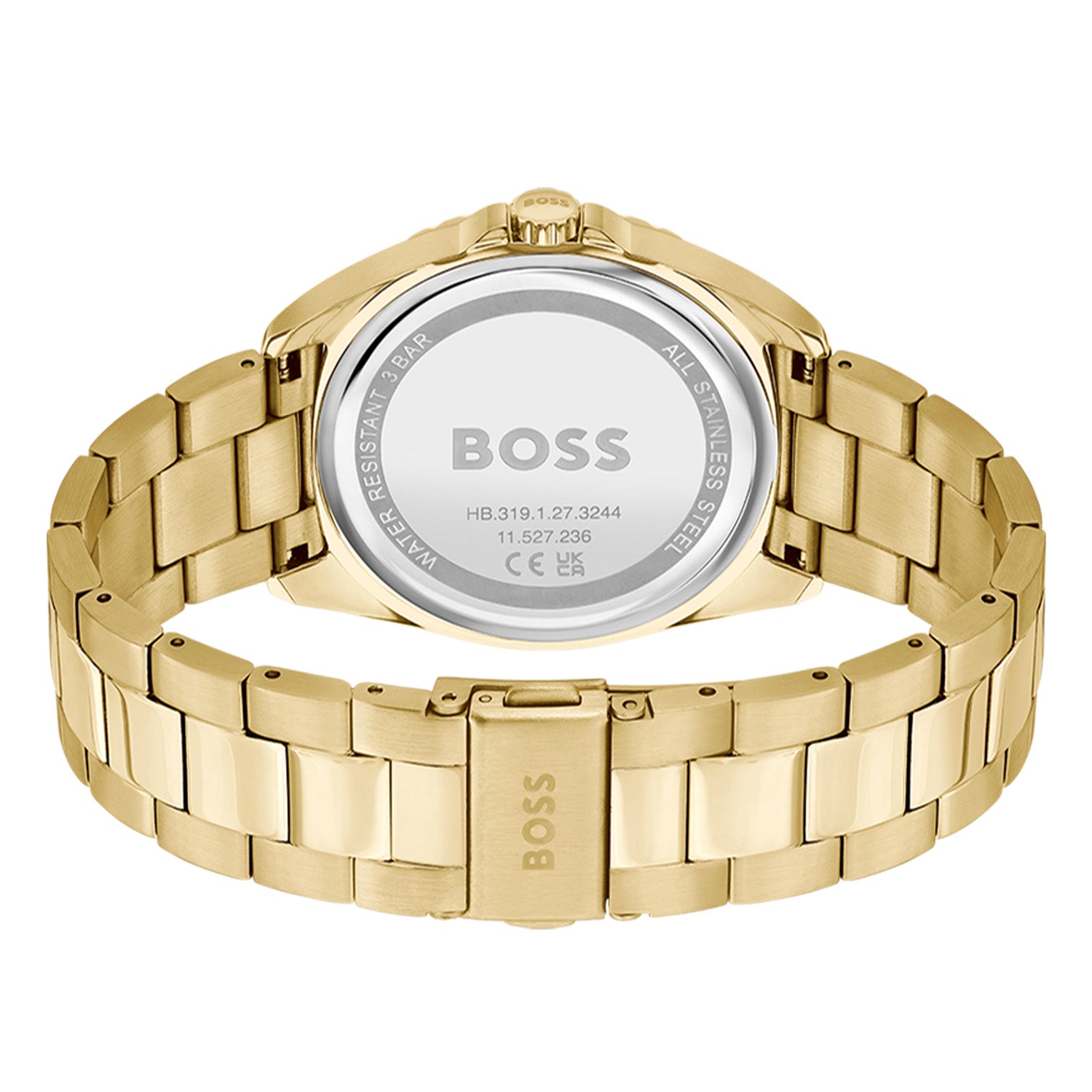 BOSS Damenarmbanduhr mit goldfarbenem Metallband und Gehäuseboden, silberner Rückseite