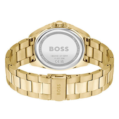 BOSS Damenarmbanduhr mit goldfarbenem Metallband und Gehäuseboden, silberner Rückseite