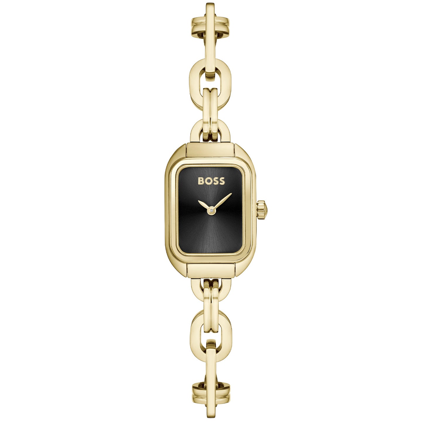 Damenarmbanduhr mit goldfarbenem Gliederarmband und schwarzem Zifferblatt