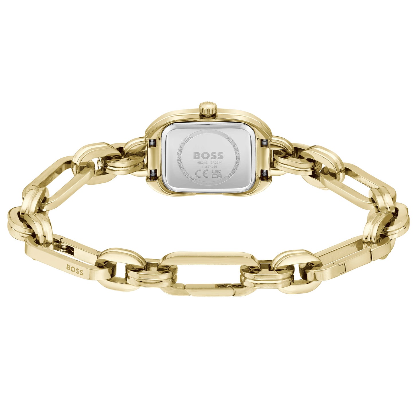 Damenarmbanduhr goldfarben, Rückseite mit Gehäuseboden und Gliederarmband