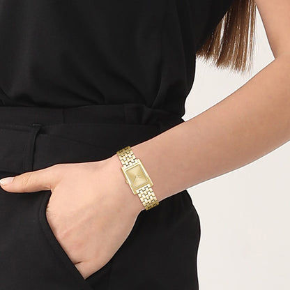 Goldene Damenarmbanduhr mit BOSS Zifferblatt und Metallgliederarmband, rechteckig
