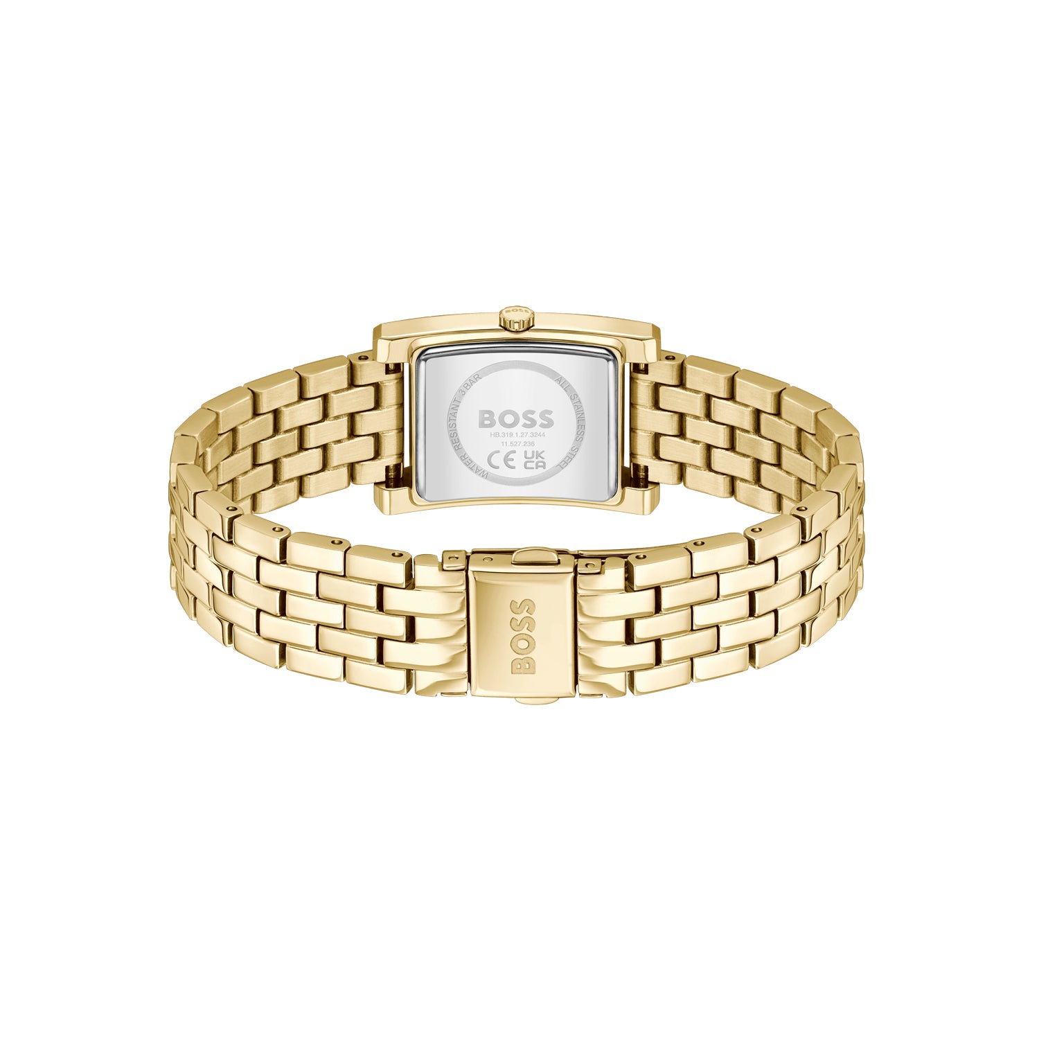 Goldene BOSS Damenarmbanduhr mit rechteckigem Zifferblatt und Metallgliederarmband