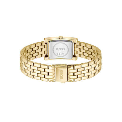 Goldene BOSS Damenarmbanduhr mit rechteckigem Zifferblatt und Metallgliederarmband