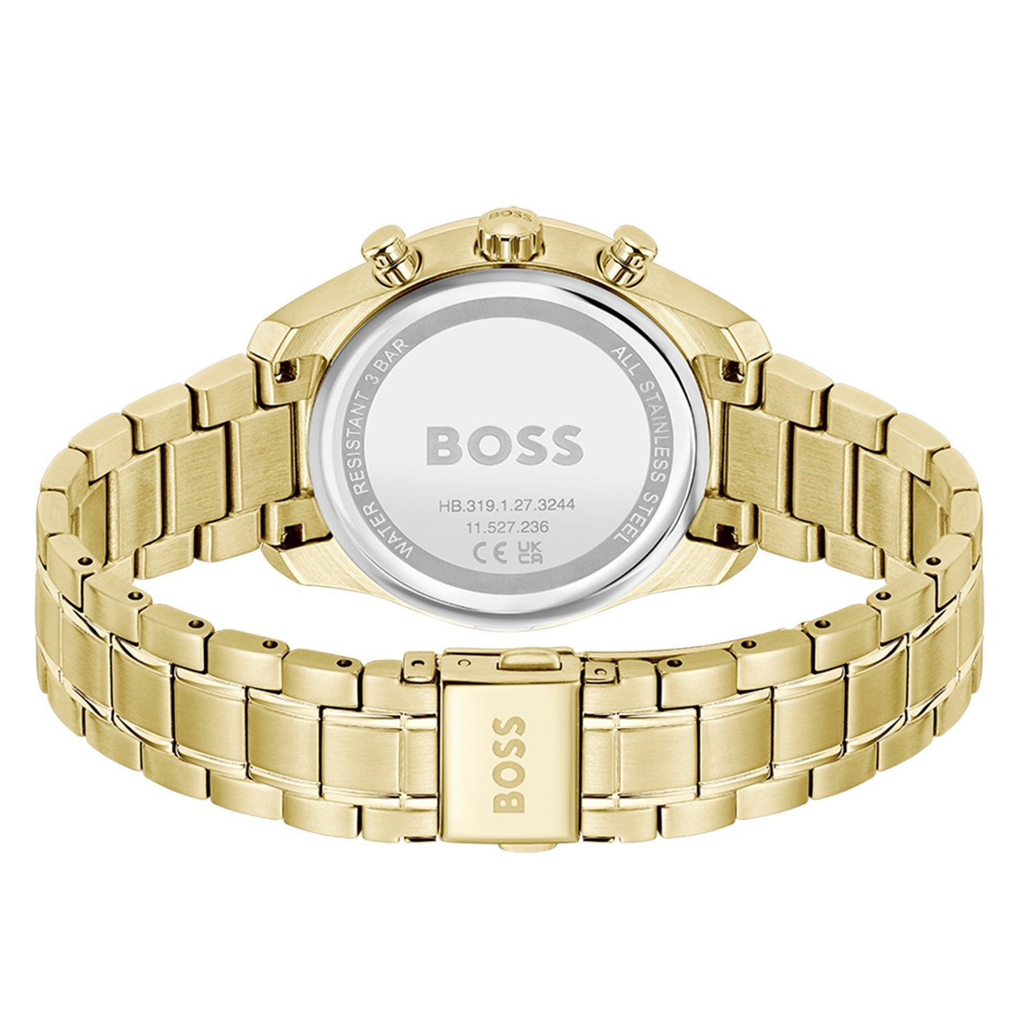Rückansicht der goldfarbenen Uhr mit Edelstahlarmband und Schließe