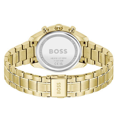 Rückansicht der goldfarbenen Uhr mit Edelstahlarmband und Schließe