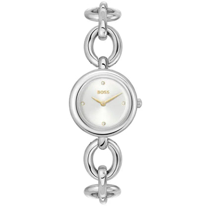 Damenarmbanduhr silbernes Edelstahlgliederarmband, rundes weißes Zifferblatt