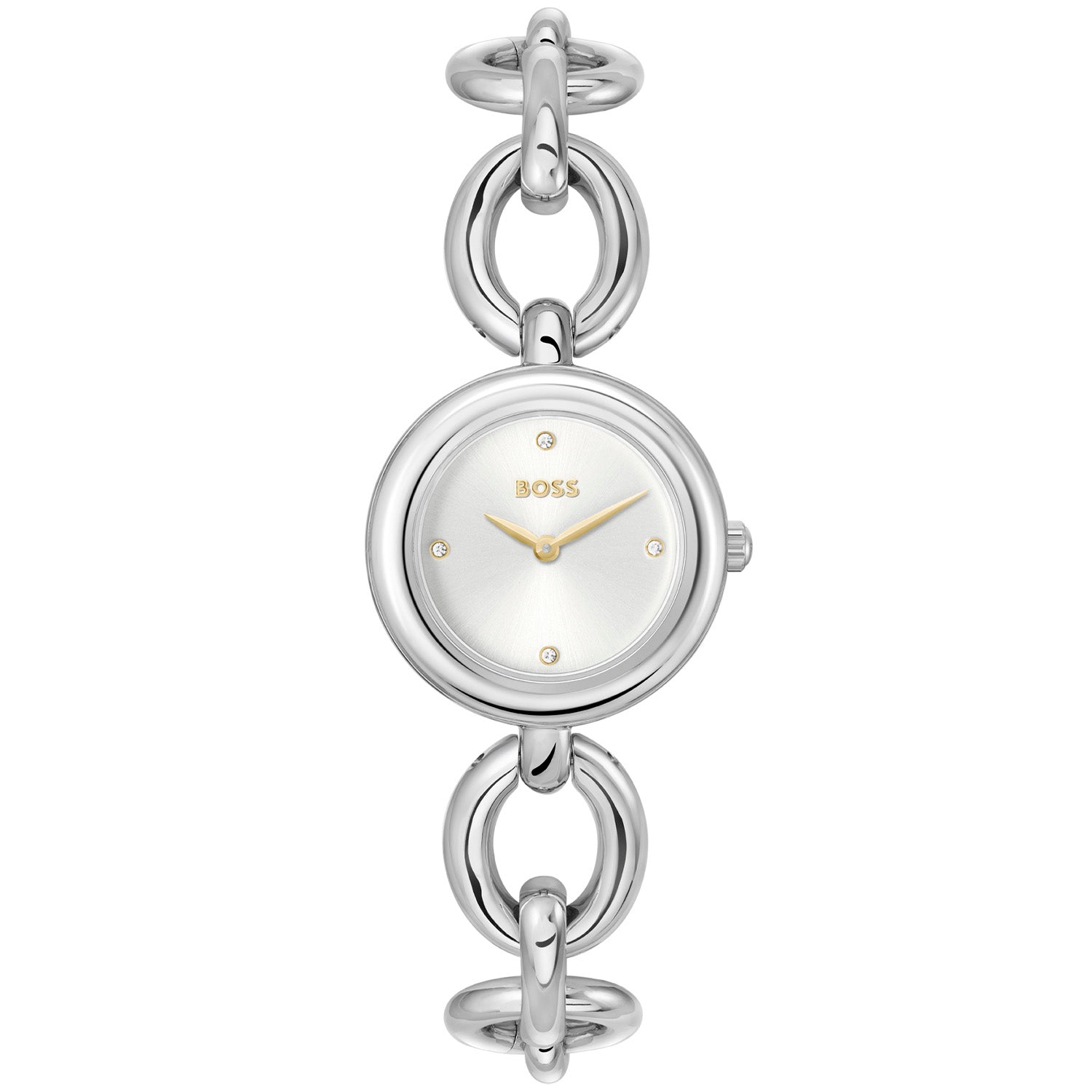 Damenarmbanduhr mit silbernem Edelstahl-Gliederarmband und rundem Mineralglas-Zifferblatt