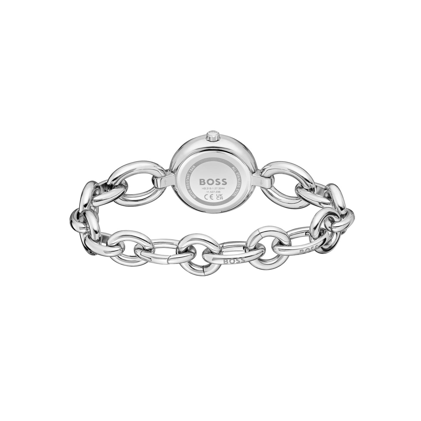 Damenarmbanduhr mit silbernem Edelstahlgliederarmband und Schließe mit BOSS-Prägung