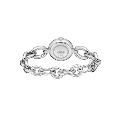Damenarmbanduhr mit silbernem Edelstahlgliederarmband und Schließe mit BOSS-Prägung