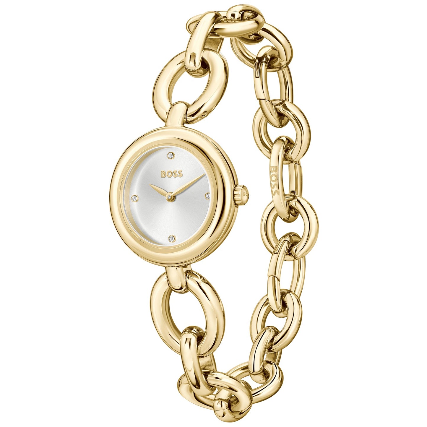 Runde Damenarmbanduhr mit goldfarbener Gliederkette und Zifferblatt mit BOSS-Logo