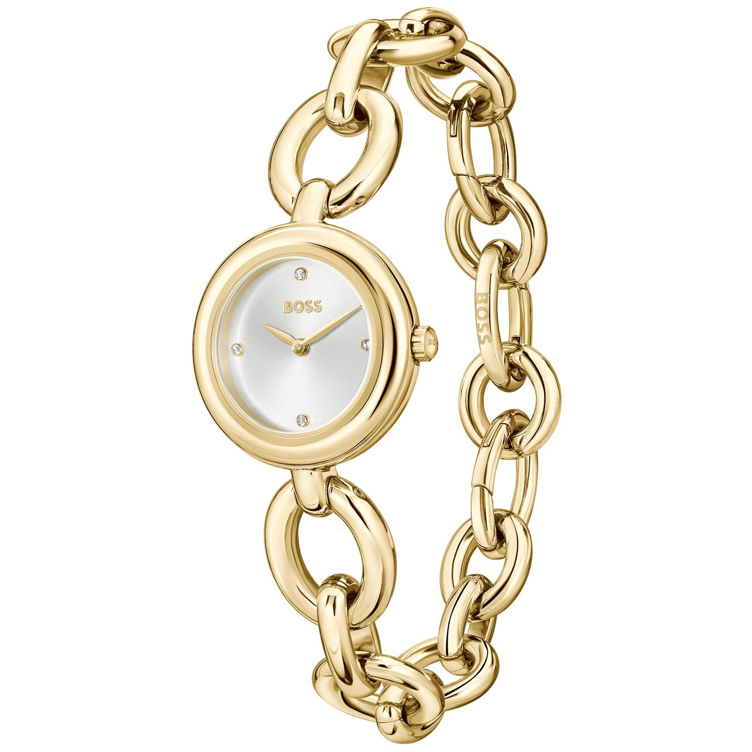 Runde Damenarmbanduhr mit goldfarbener Gliederkette und Zifferblatt mit BOSS-Logo