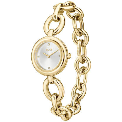 Runde Damenarmbanduhr mit goldfarbener Gliederkette und Zifferblatt mit BOSS-Logo