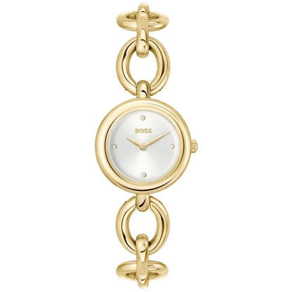 Damenarmbanduhr mit rundem 28-mm-Gehäuse, goldenem Gliederarmband und weißem Zifferblatt