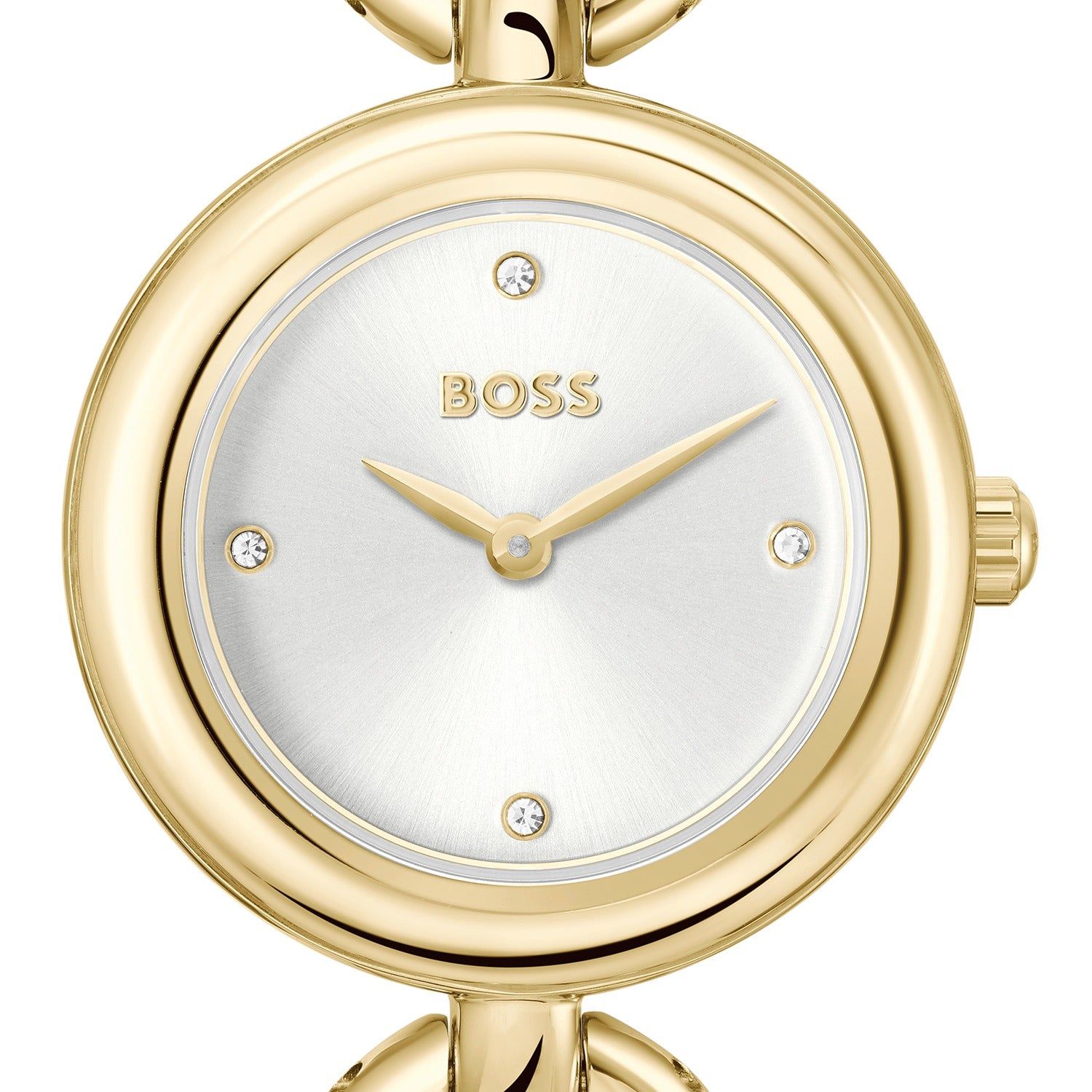 Goldfarbiges Zifferblatt der Damenarmbanduhr mit BOSS-Schrift und goldenen Zeigern