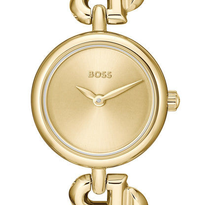 Goldfarbene runde Armbanduhr mit gebürstetem Zifferblatt, Zeigern und BOSS-Schriftzug