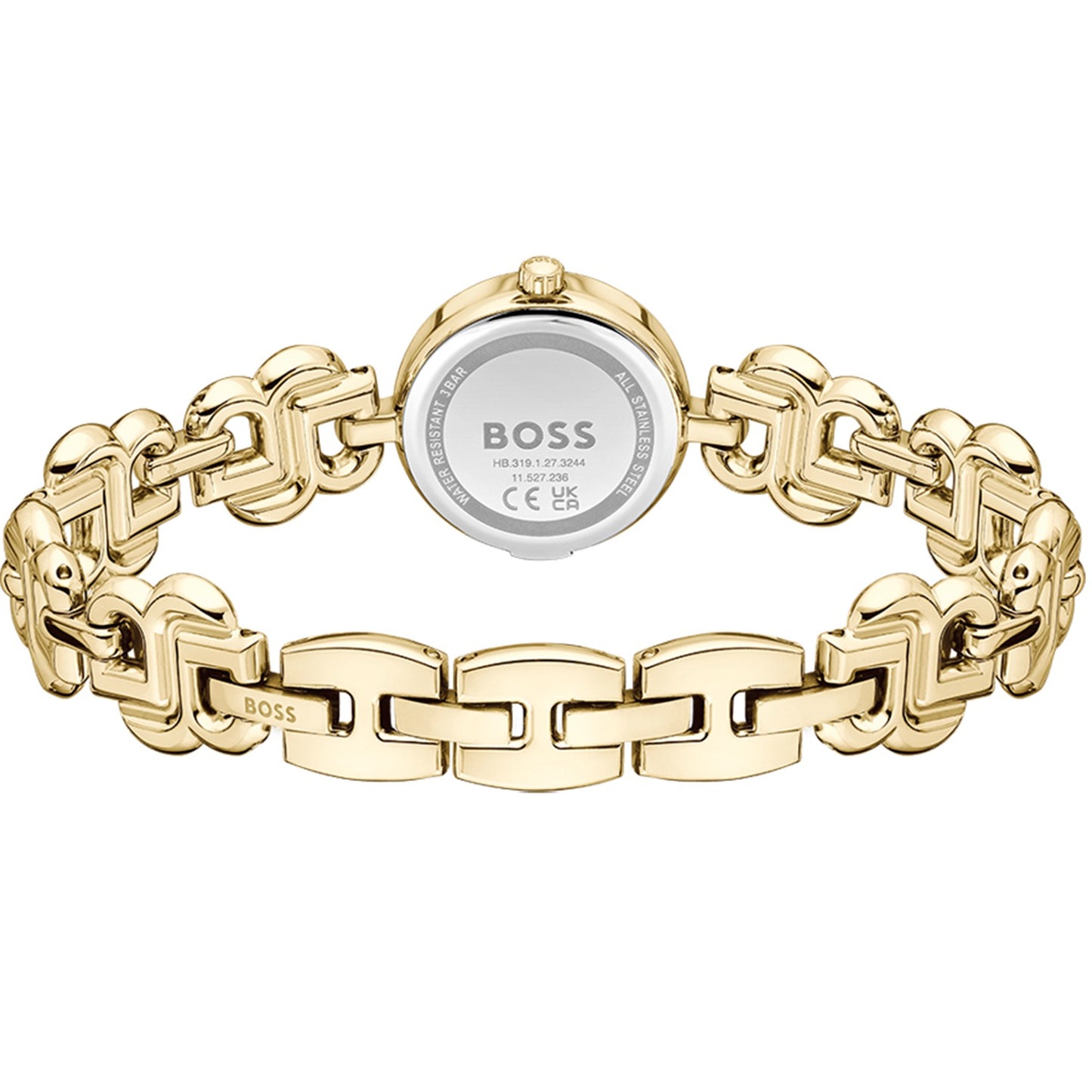 Goldfarbene Quarzarmbanduhr mit Gliederarmband und Gehäuseboden mit BOSS-Aufdruck