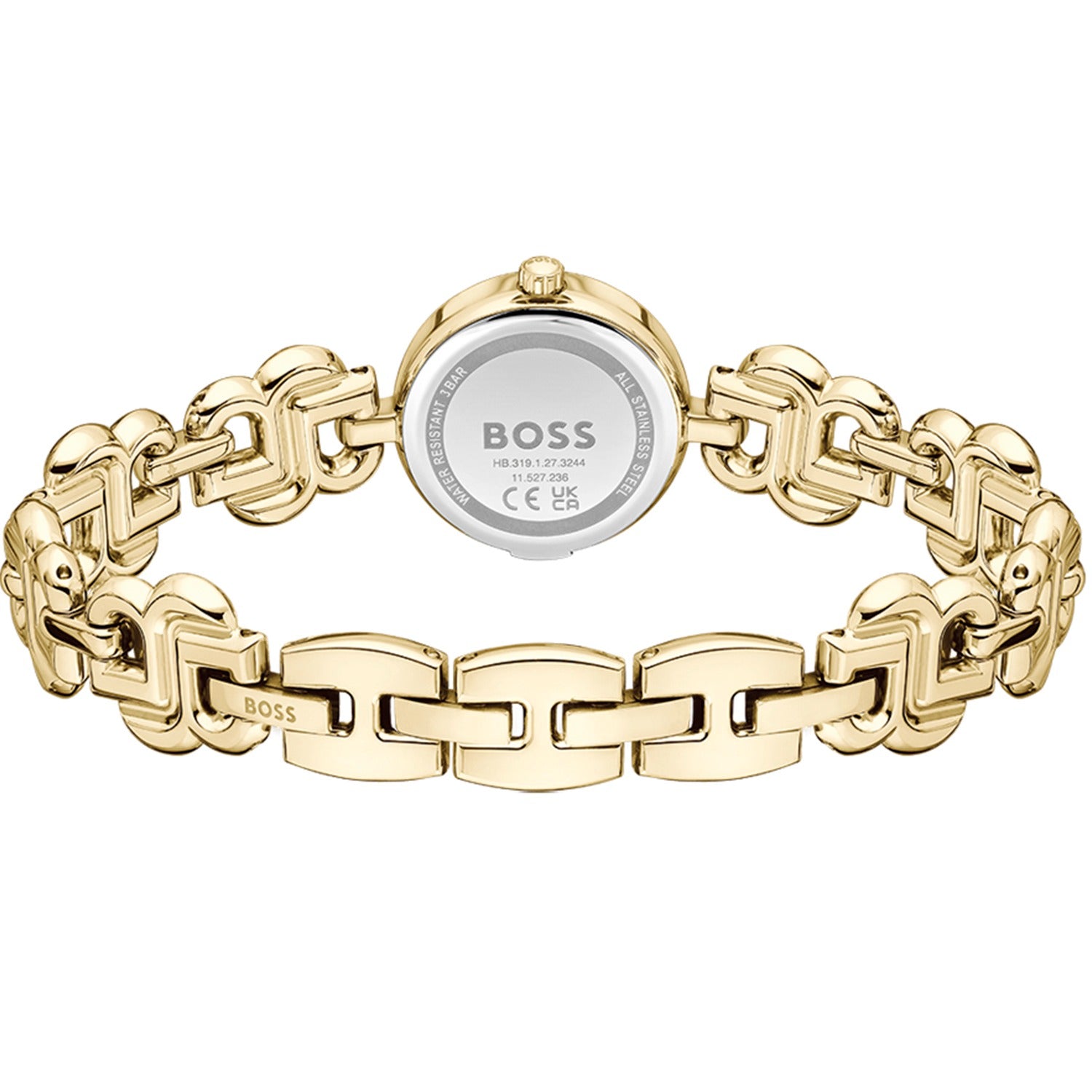 Goldfarbene Quarzarmbanduhr mit Gliederarmband und Gehäuseboden mit BOSS-Aufdruck