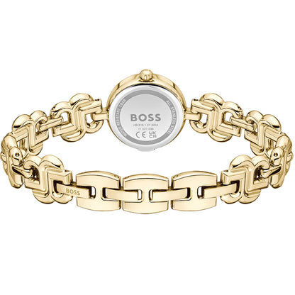 Goldfarbene Quarzarmbanduhr mit Gliederarmband und Gehäuseboden mit BOSS-Aufdruck