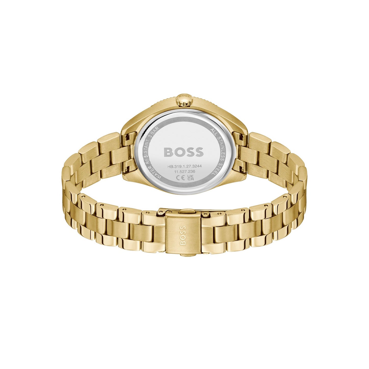 Rückseite der Damenarmbanduhr BOSS Sage Sport mit goldfarbenem Metallgliederband