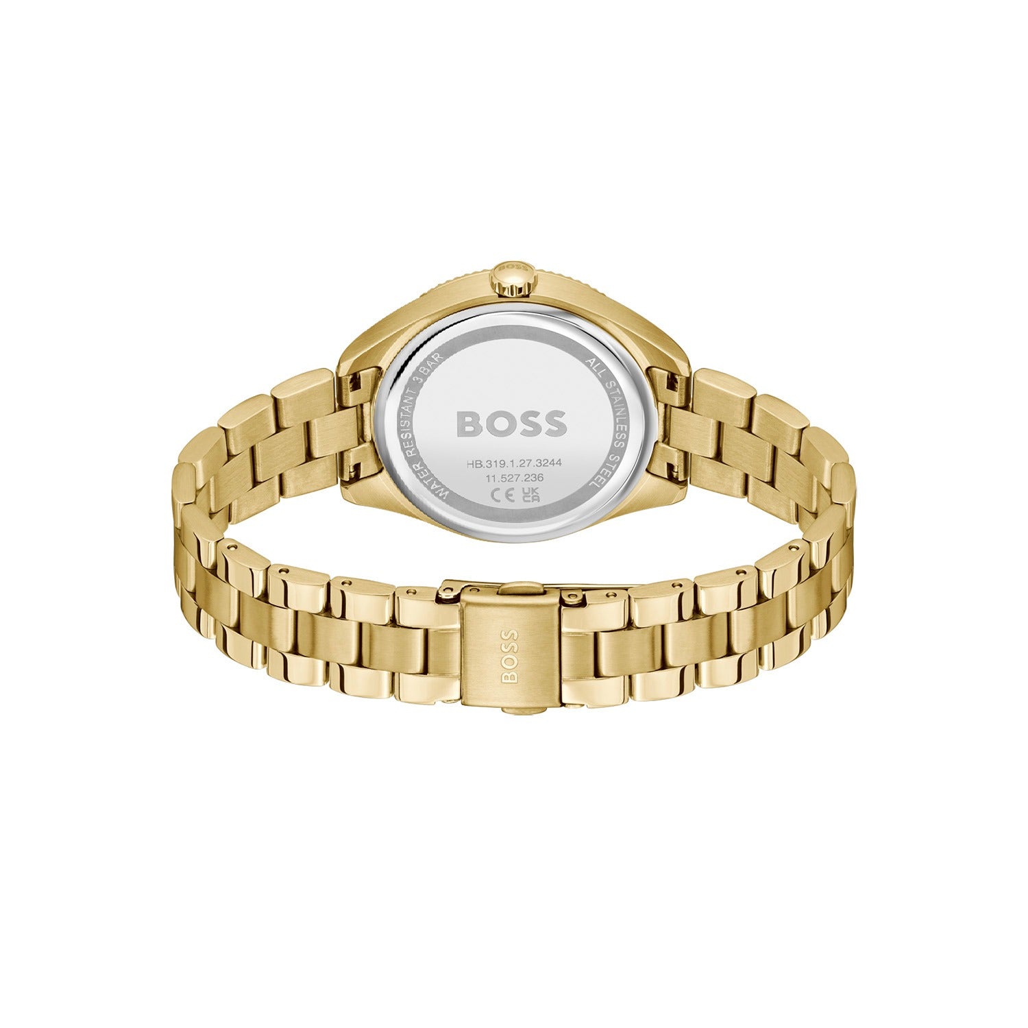 Rückseite der Damenarmbanduhr BOSS Sage Sport mit goldfarbenem Metallgliederband