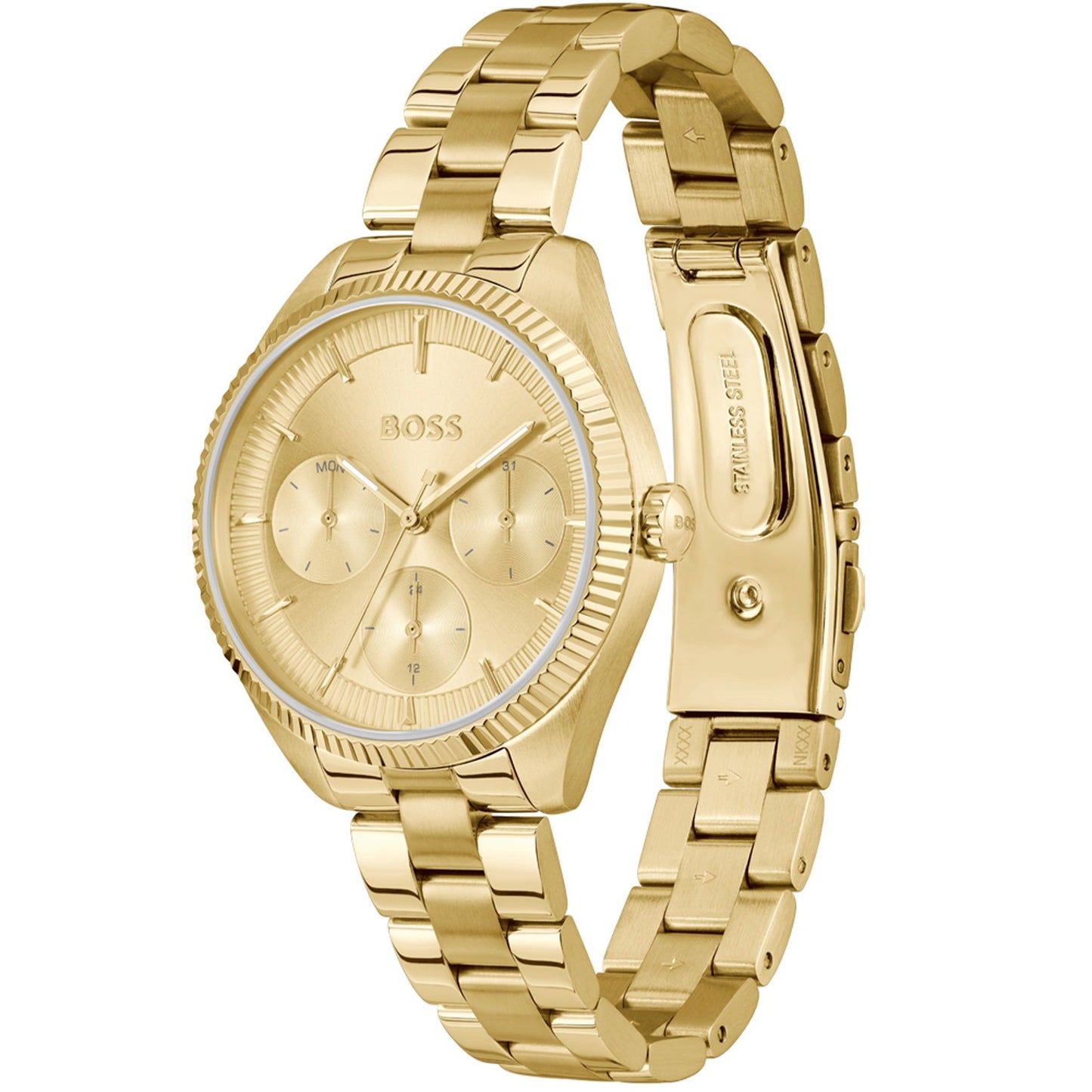 Damenarmbanduhr BOSS Sage Sport goldfarben, Seitenansicht mit Metallgliederband