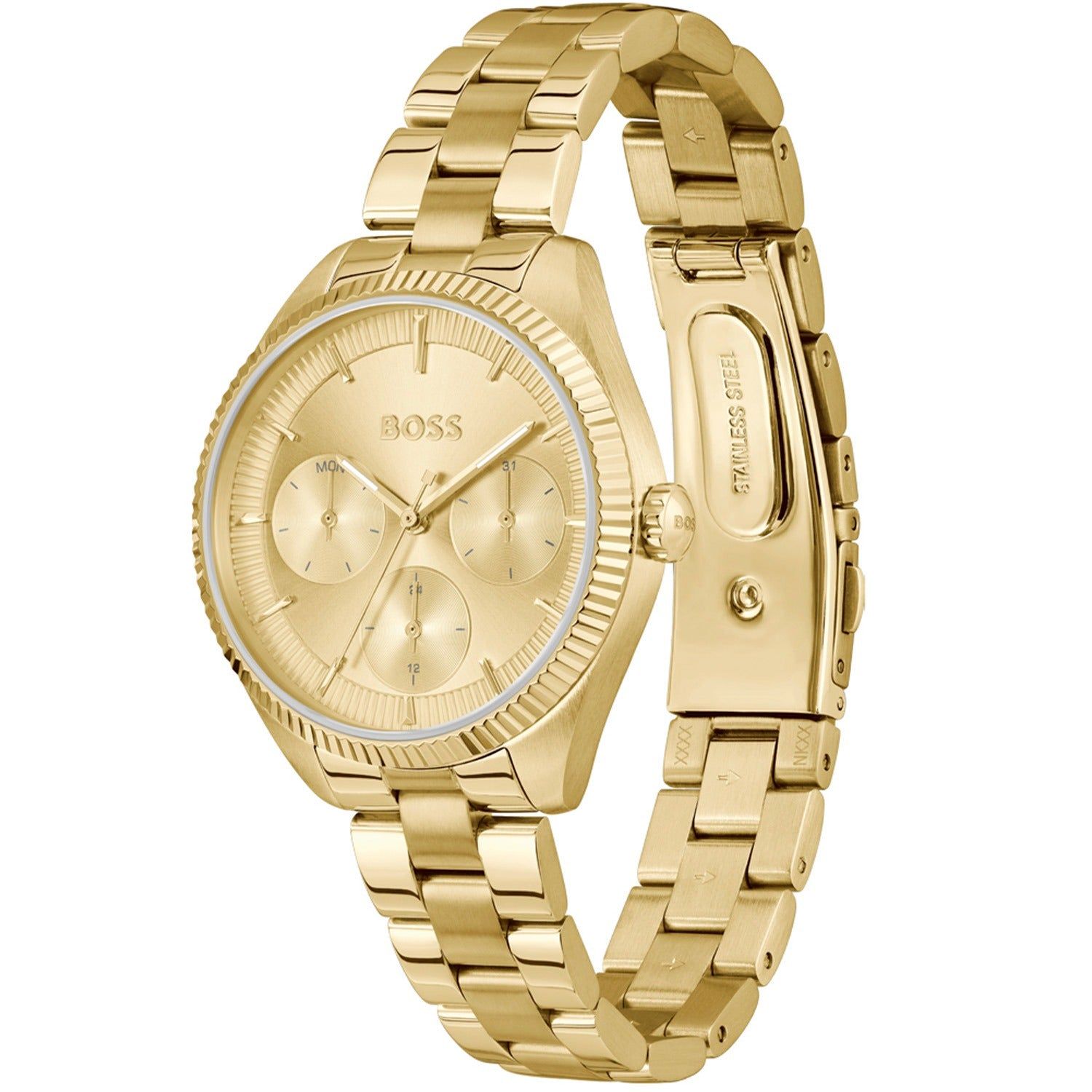 Damenarmbanduhr BOSS Sage Sport goldfarben, Seitenansicht mit Metallgliederband