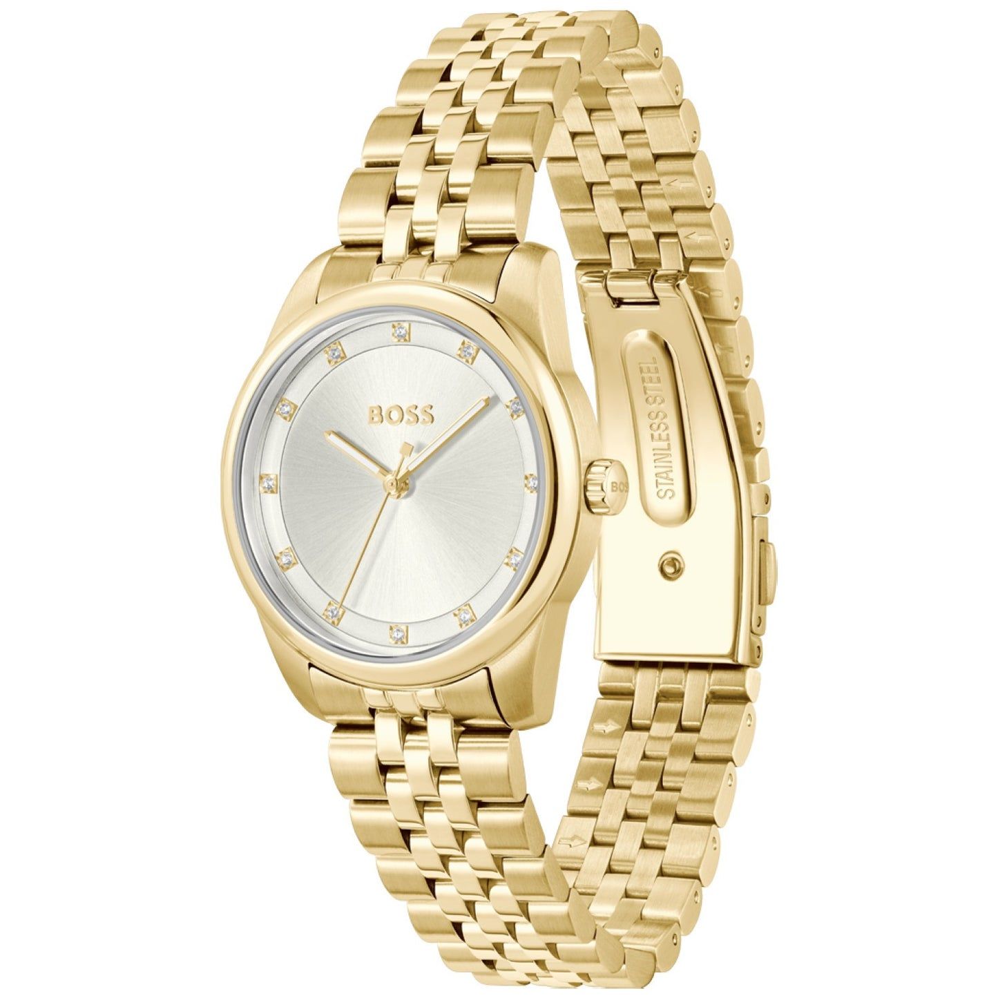 Damenarmbanduhr BOSS mit goldfarbenem Metallarmband und silberweißem Zifferblatt