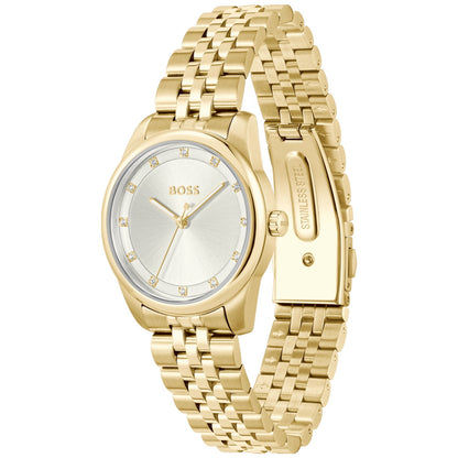 Damenarmbanduhr BOSS mit goldfarbenem Metallarmband und silberweißem Zifferblatt