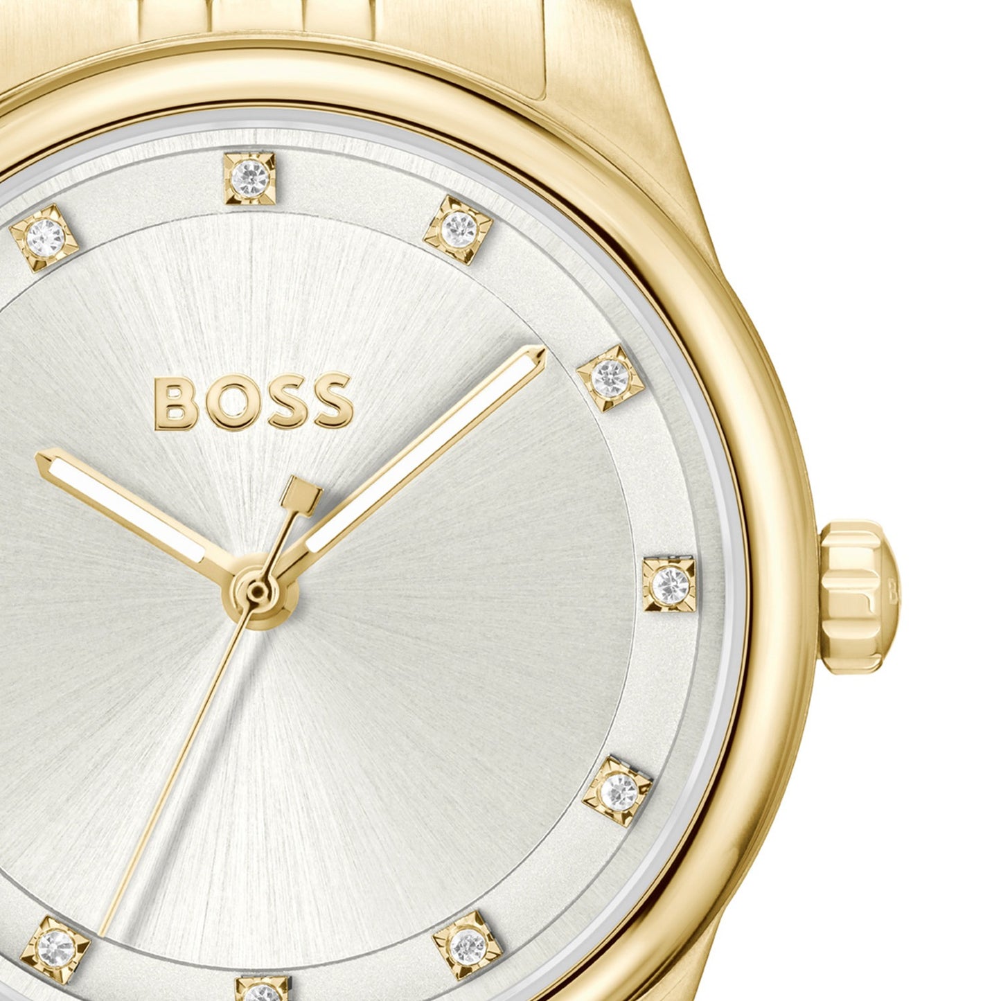 BOSS Damenarmbanduhr: silberweißes Zifferblatt mit Diamantindexen und goldenen Zeigern