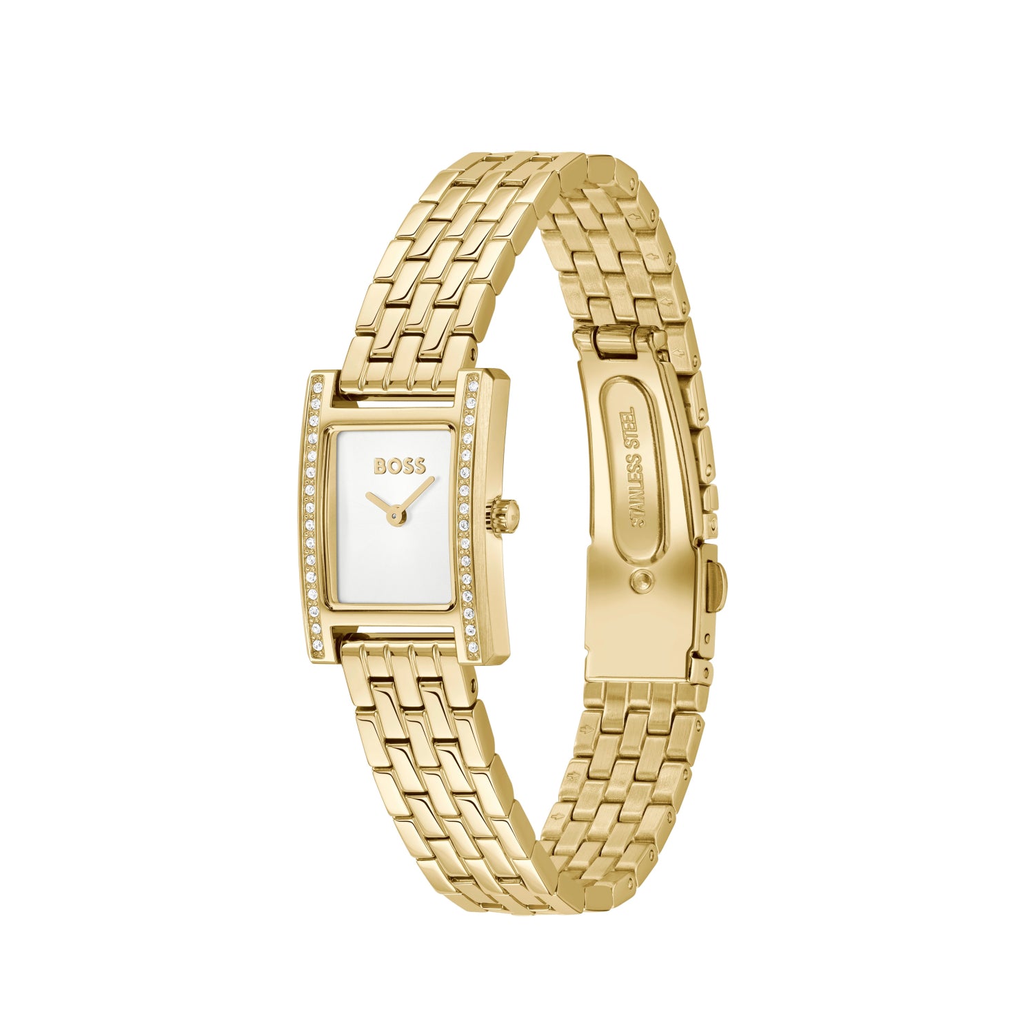 Goldfarbene Armbanduhr mit eckigem Zifferblatt, Steinrand und Kettenarmband
