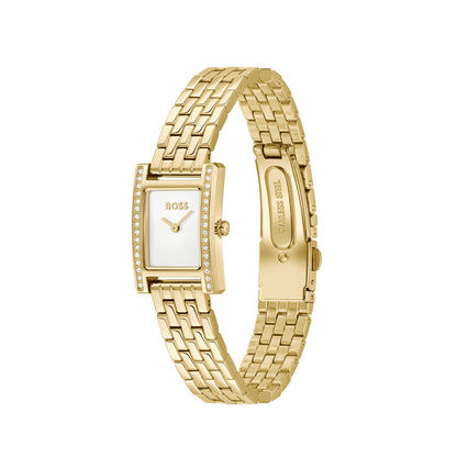 Goldfarbene Armbanduhr mit eckigem Zifferblatt, Steinrand und Kettenarmband