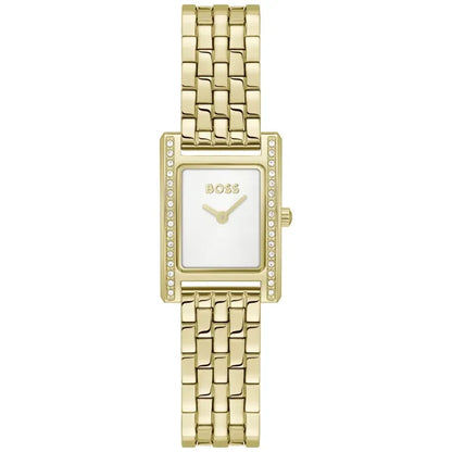 BOSS Damenarmbanduhr goldfarben mit rechteckigem Zifferblatt, Steinbesatz und Gliederarmband