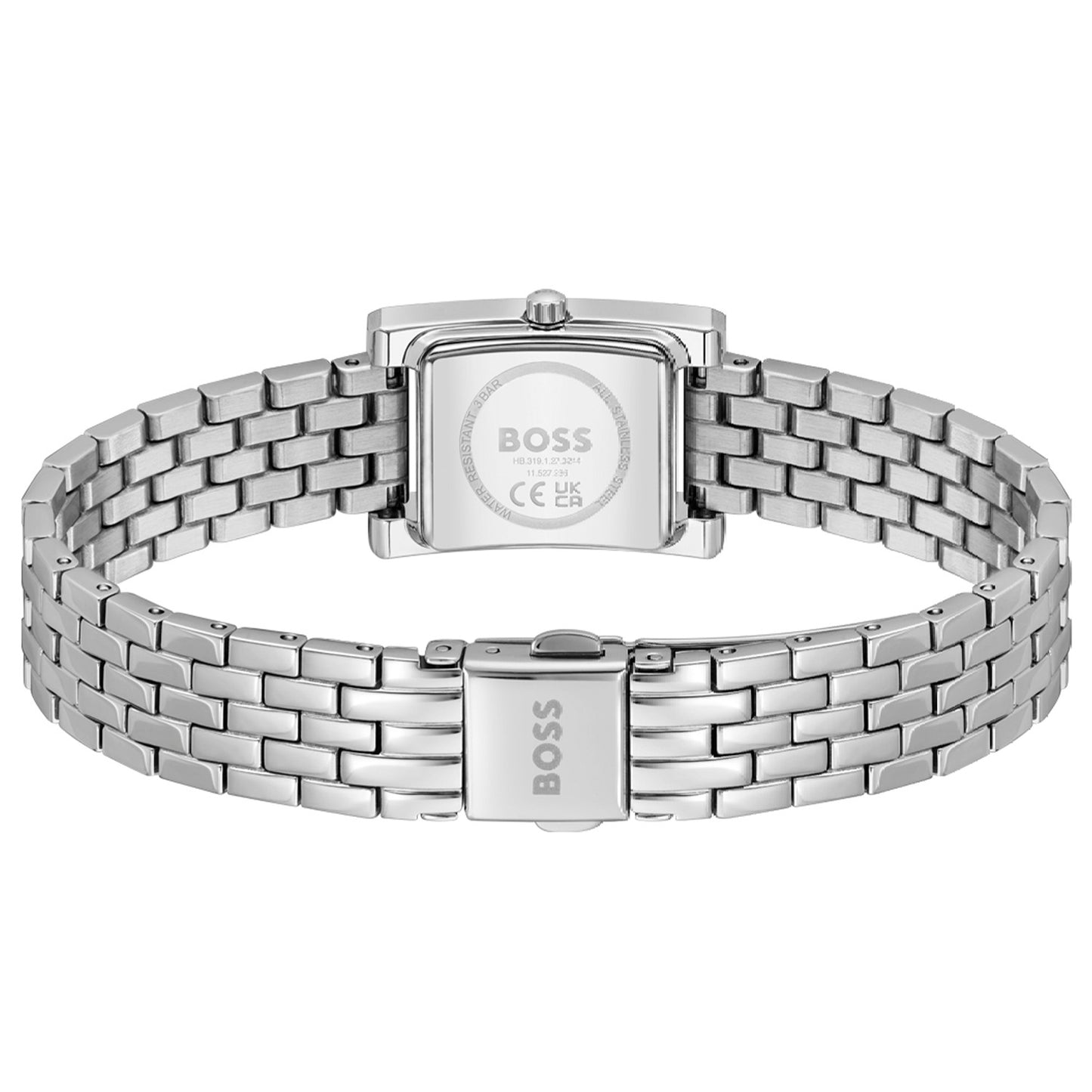 BOSS Armbanduhr Rückseite mit silberfarbenem Edelstahlgliederarmband und Gehäuse