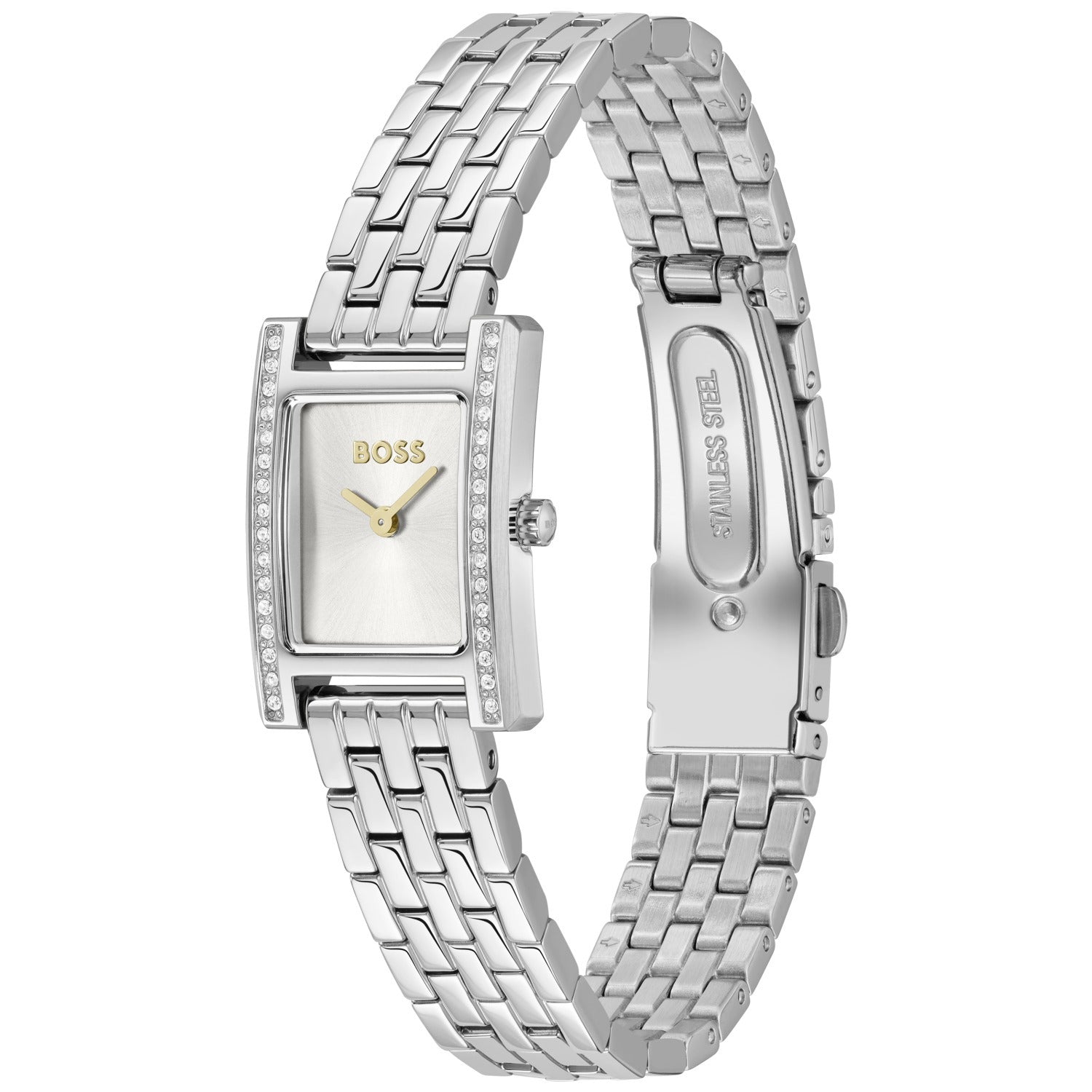 BOSS Armbanduhr mit rechteckigem silber Zifferblatt, goldenen Zeigern, Metallarmband