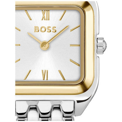 BOSS Damenarmbanduhr: weißes Zifferblatt mit goldenen Stundenmarken, silbernes Gehäuse