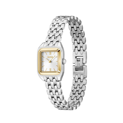 Damenarmbanduhr mit rechteckigem Zifferblatt, silbernem Edelstahlband und goldenen Akzenten