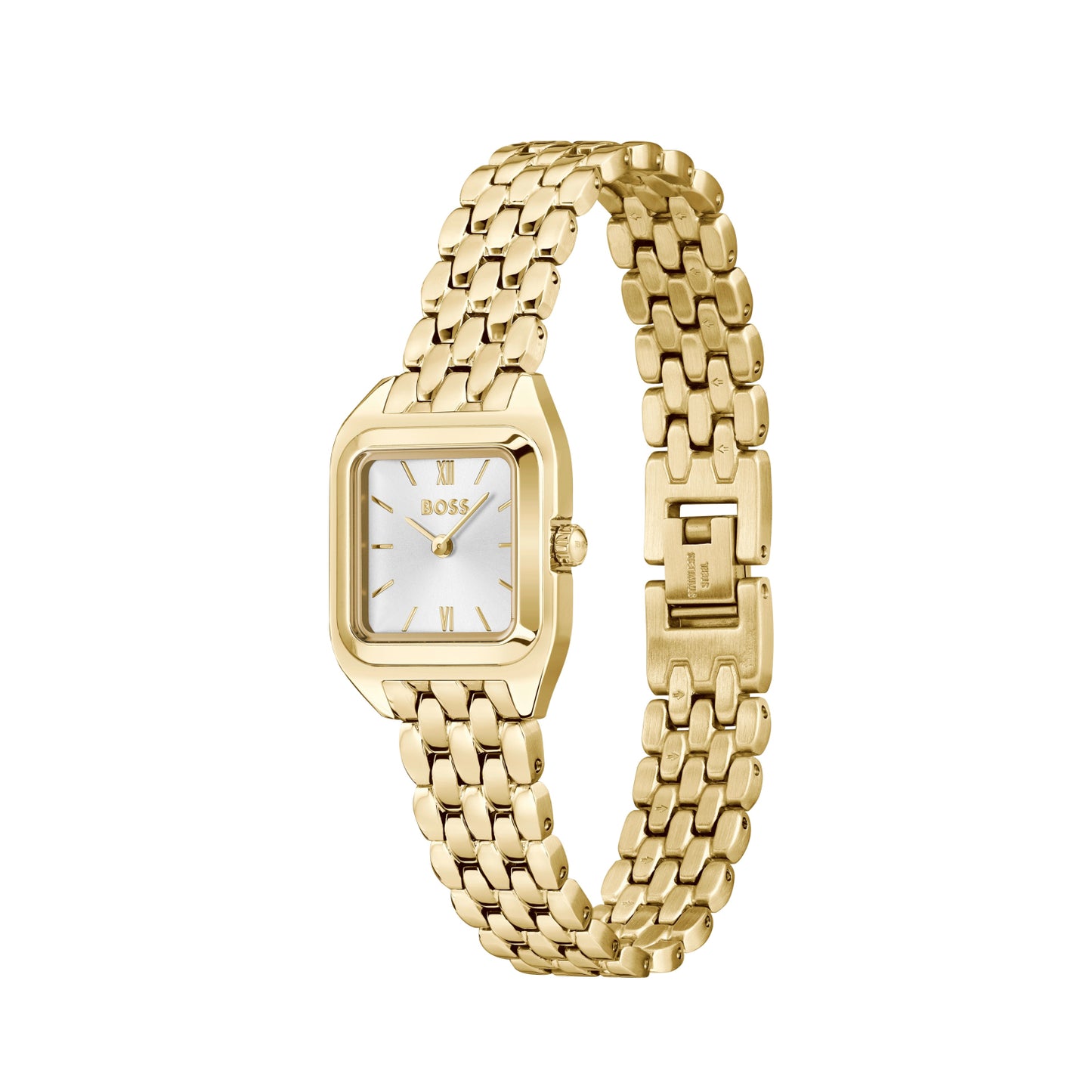 Goldfarbene Damenarmbanduhr mit quadratischem Gehäuse, Metall-Gliederarmband und weißem Zifferblatt