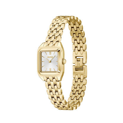 Goldfarbene Damenarmbanduhr mit quadratischem Gehäuse, Metall-Gliederarmband und weißem Zifferblatt