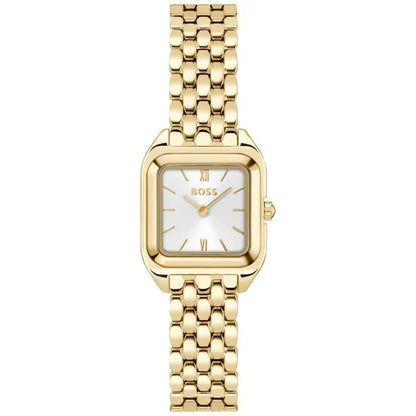 Damenarmbanduhr mit goldfarbenem Metallarmband und rechteckigem Zifferblatt