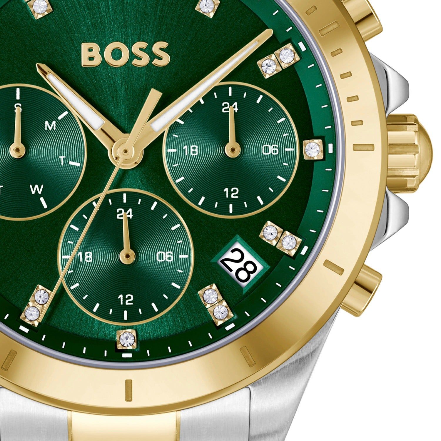 BOSS Damen-Armbanduhr: grünes Zifferblatt mit Chronographen-Anmutung, gold/silber