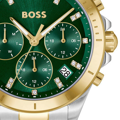 BOSS Damen-Armbanduhr: grünes Zifferblatt mit Chronographen-Anmutung, gold/silber