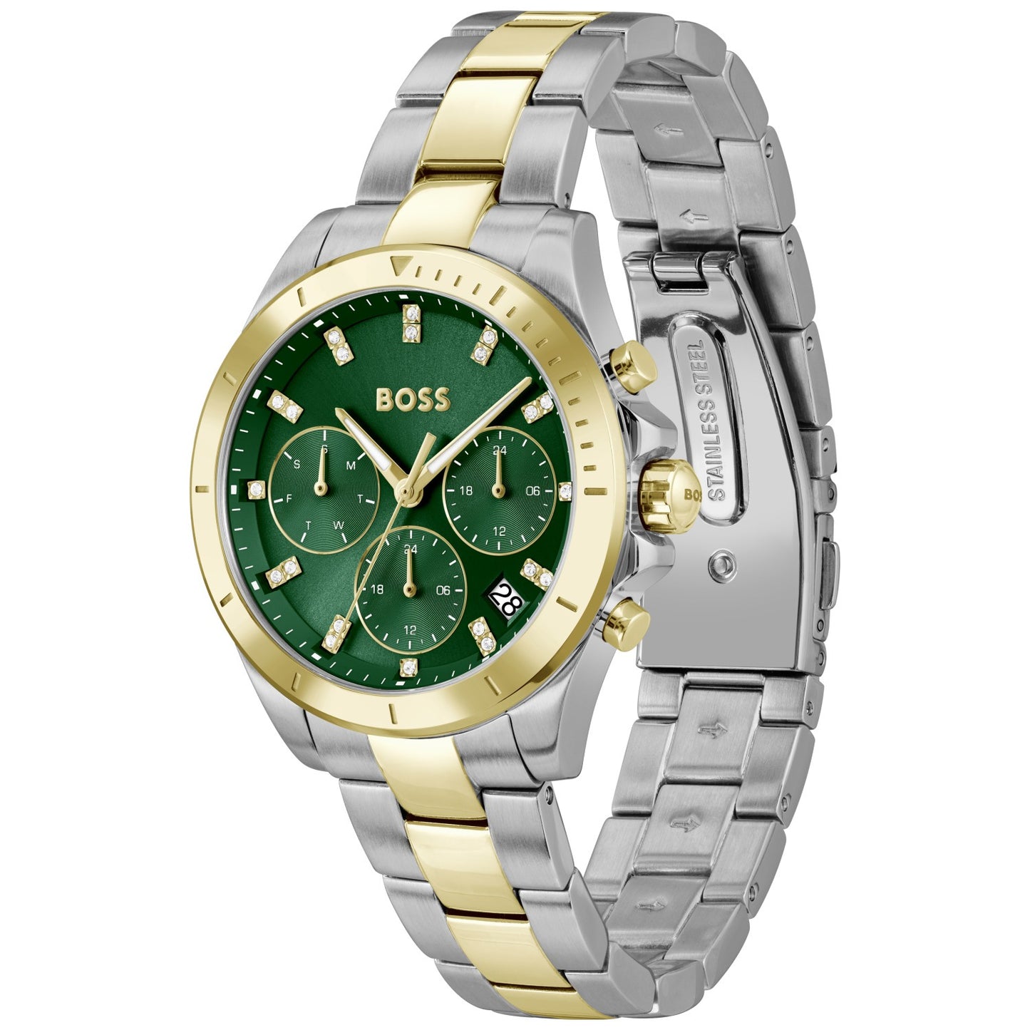 Bicolor Damen-Armbanduhr mit grünem Zifferblatt, Chronographen-Optik und Metallarmband