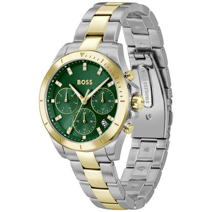 Bicolor Damen-Armbanduhr mit grünem Zifferblatt, Chronographen-Optik und Metallarmband