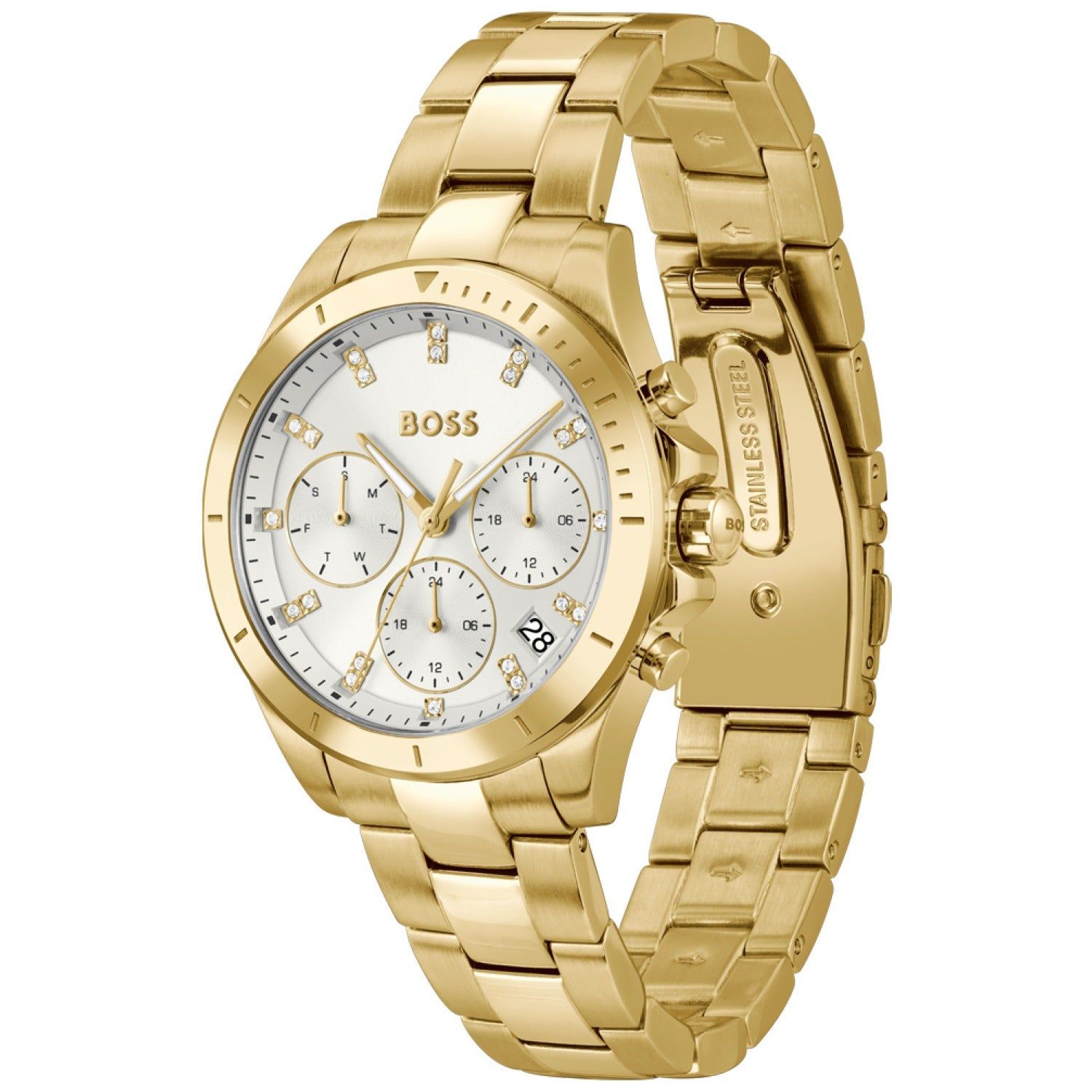 Goldfarbene Chronograph-Armbanduhr mit weißem Zifferblatt und geriffeltem Metallband