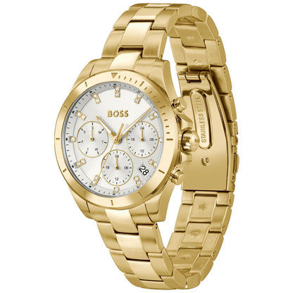 Goldfarbene Chronograph-Armbanduhr mit weißem Zifferblatt und geriffeltem Metallband