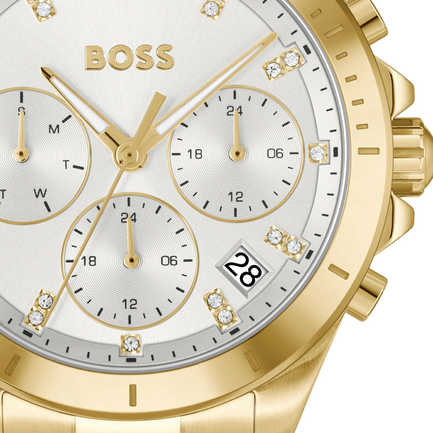 Nahaufnahme: goldfarbener Chronograph mit weißem Zifferblatt und Strichindizes