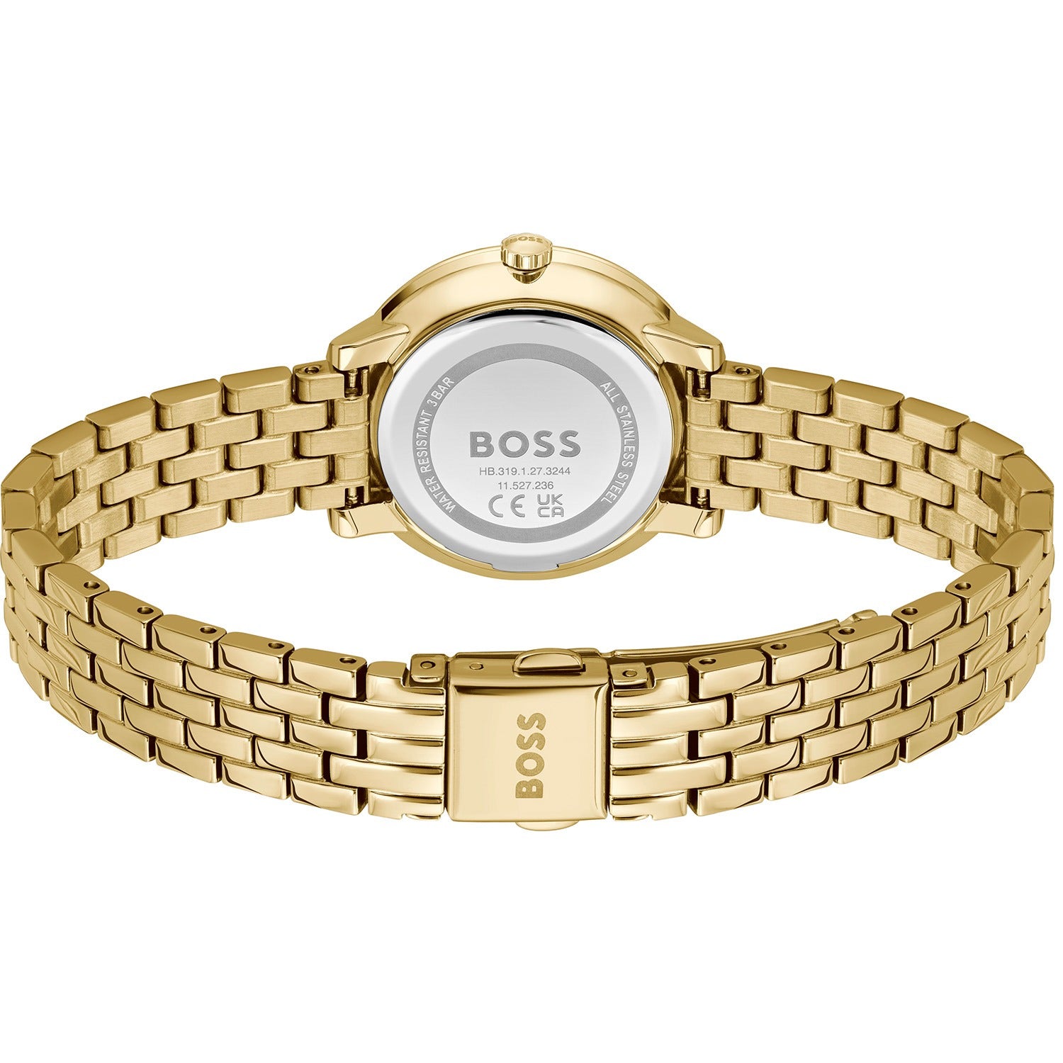 Goldfarbene Damenarmbanduhr mit Metallgliederarmband und Schließe, BOSS Rückseite sichtbar