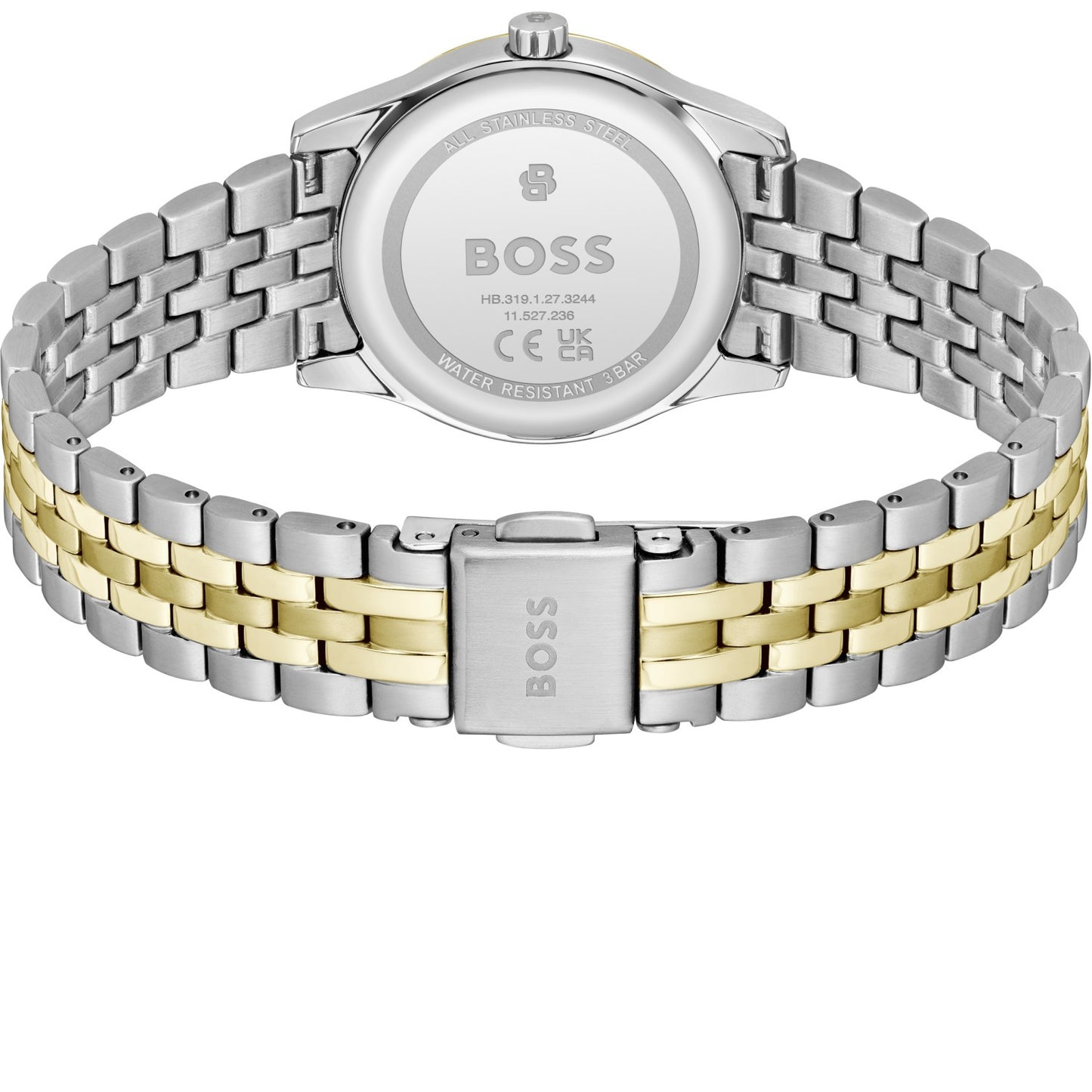 Damenarmbanduhr: Gehäuseboden mit BOSS-Logo und bicolor Edelstahlgliederarmband